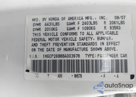 2008 Honda Accord 2.4 Ex-L z USA, uszkodzony, nr VIN 1HGCP26888A003978